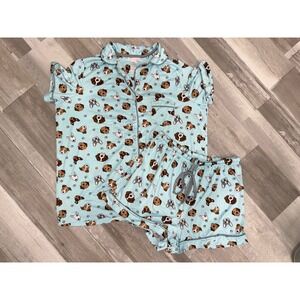 Pillow Talk Pajama Set Women Blue Dog Print Button Down Shorts M